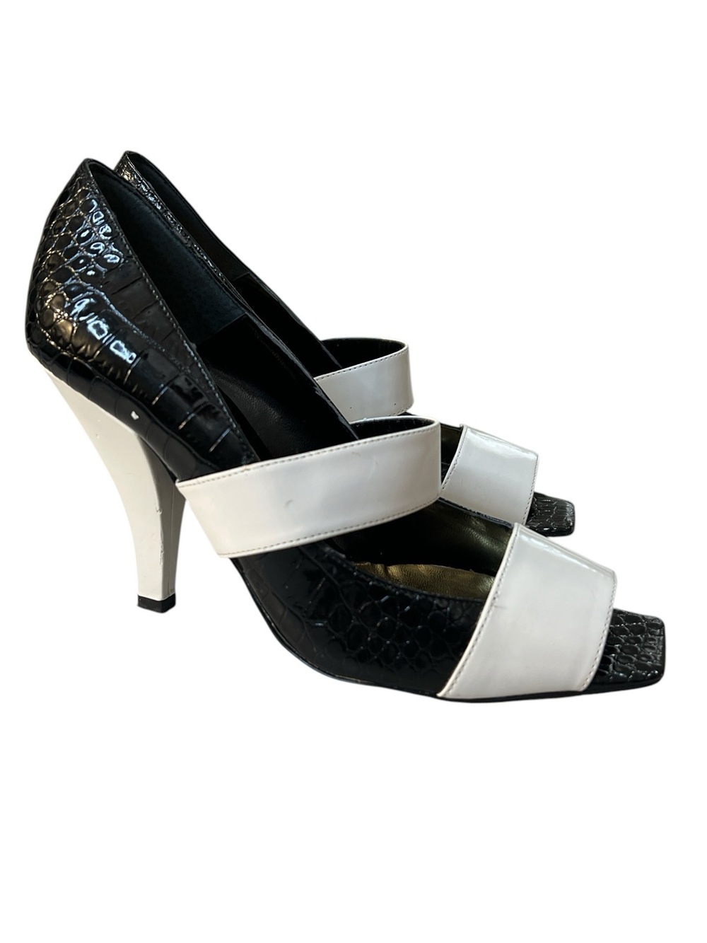 J.Renee Croc Patent Double-Strap Mary Jane Pumps, Black & White, Size 8